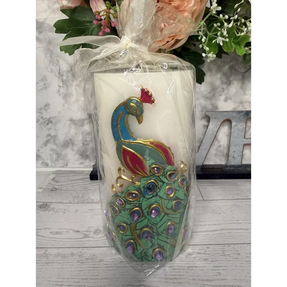 Vintage‎ Pier 1 Imports Peacock Candle Rhinestone Feather Pillar Home Décor Gift